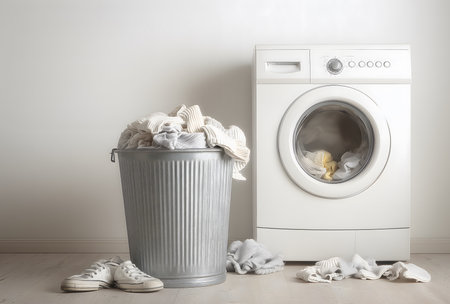 Washing machine and overflowing laundry basket with dirty clothes on a light wooden floor, representing housework conceptsの素材