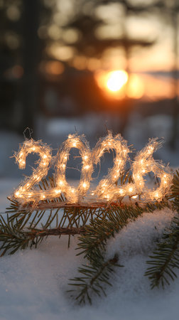 Lighted numbers 2026 resting on a snow-covered pine branch outdoors during a winter sunset, symbolizing new beginningsの素材