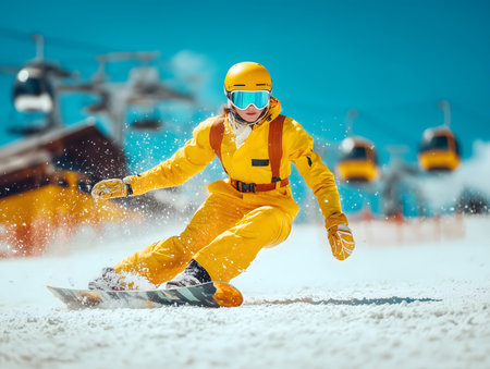 Woman in a bright yellow suit and goggles snowboarding downhill on a snowy mountain, with ski lifts in the backgroundの素材