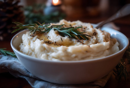 Creamy mashed potatoes, topped with fresh rosemary sprigs and melted butter, prepared for a comforting holiday dinner or celebrationの素材