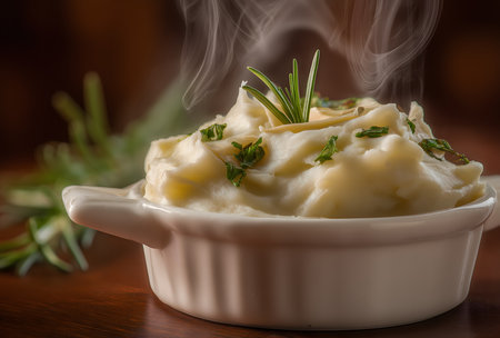 Creamy mashed potatoes served in a white bowl, garnished with fresh rosemary, parsley, and melting butter, emitting hot steamの素材