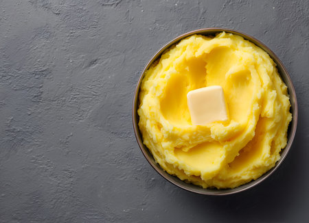 Mashed potatoes with a pat of butter melting on top, serving as a comforting side dish. Overhead view on gray backgroundの素材