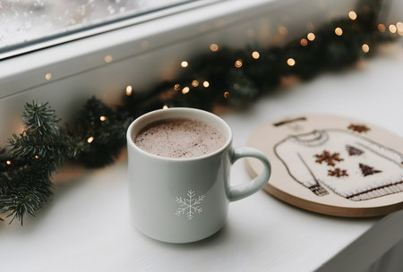 Warming hot chocolate mug with snowflake designed by a winter window, decorated with festive garland and sweater coasterの素材