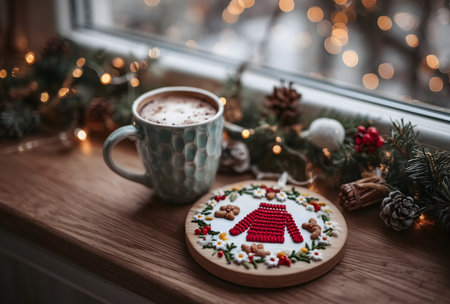 Hot chocolate mug with warm Christmas string lights, pine branches, and a festive sweater ornament on a wooden windowsillの素材