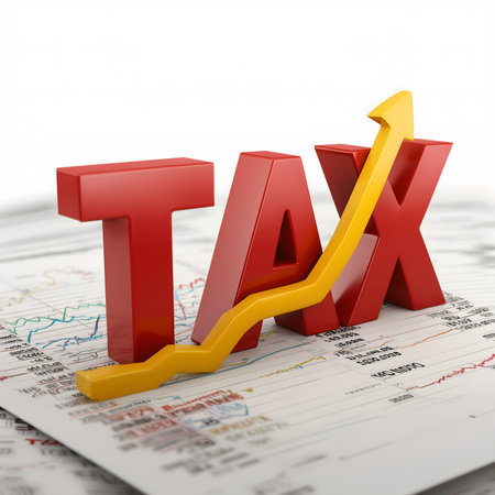 Red 3d tax word on an economic report, a yellow arrow demonstrating increasing taxes and financial growthの素材