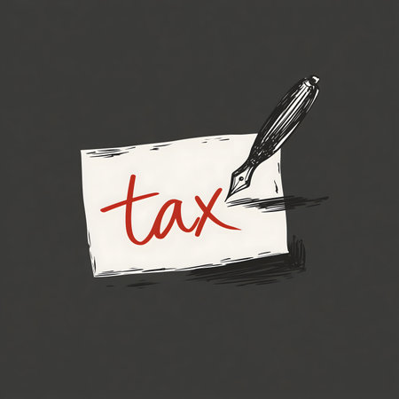 Fountain pen drawing tax word in red on a white paper note, representing finance, accounting, and paperwork conceptsの素材