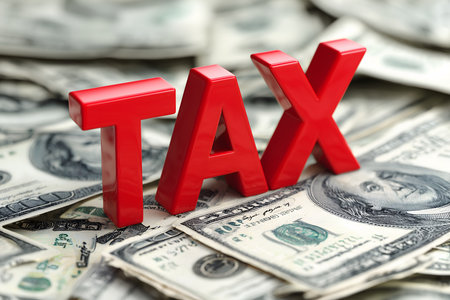 Red tax word standing on a pile of scattered US dollar bills, illustrating financial obligations and paymentsの素材