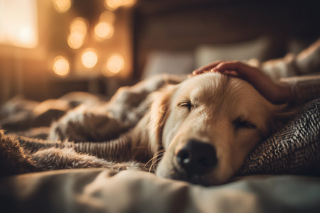 Human hand petting a golden retriever dog sleeping peacefully on a comfortable bed with warm bokeh lights in the backgroundの素材