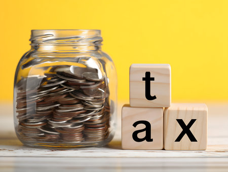 Glass jar collecting coins for tax payments. Wooden blocks spelling tax symbolize financial planning and budgetの素材