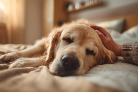 Golden retriever dog sleeping peacefully on a comfortable bed, an owner's hand gently petting his head. Showing love and careの素材