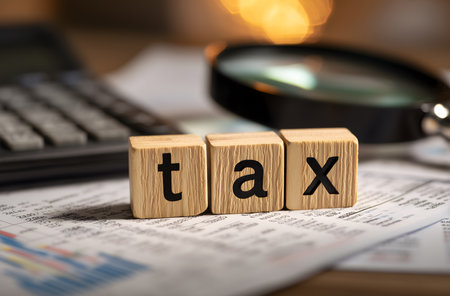 Tax word on wooden blocks with accounting papers, calculator, and magnifying glass. Representing finance, budget, calculations, and economyの素材