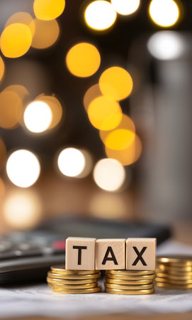 Wooden blocks spelling tax sitting on stacks of gold coins, representing financial concepts and budget planningの素材