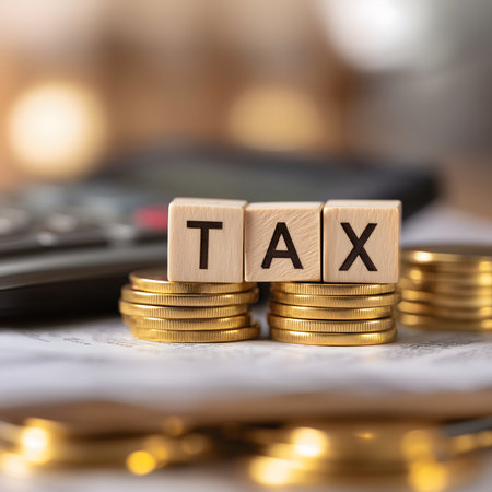 Wooden blocks spelling tax, stacked on gold coin piles with a calculator in the background, symbolizing financial burden and paymentの素材