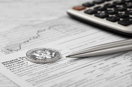 Financial report with a calculator, pen, charts, and currency coin representing investment, banking, and budget planningの素材