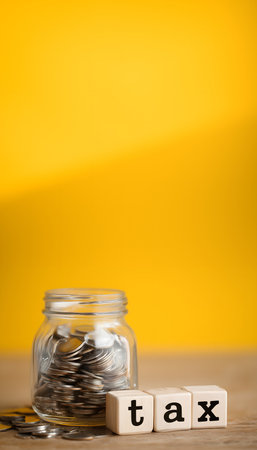 Money coins filling a glass savings jar next to wooden blocks spelling tax on a yellow background, representing financial planning and obligationsの素材