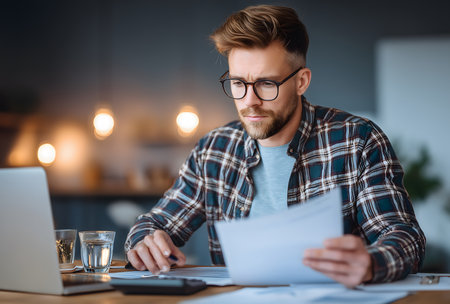 Young man wearing glasses working from home, calculating finances and reviewing documents on a laptop at a deskの素材