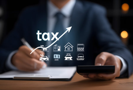 Businessperson calculating rising tax impact with icons for income, debt, property and financial planning on office deskの素材