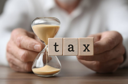 Person holding an hourglass next to wooden cubes spelling tax, symbolizing tax payment deadlines and time urgencyの素材
