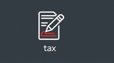 Tax form icon with a pencil signing red lines on paperwork, representing financial documents and online servicesの素材