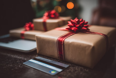 Wrapped parcels sit on a laptop next to a credit card, symbolizing successful online shopping and holiday gift purchasesの素材