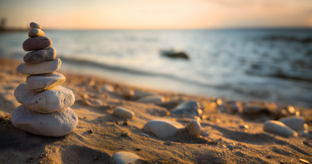 Stones balancing in a cairn on a sandy beach during a golden hour sunset, symbolizing calm, peace, and meditationの素材