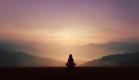 Woman performing meditation or yoga in lotus pose, sitting on a horizon line with mountains and a sunrise backdropの素材
