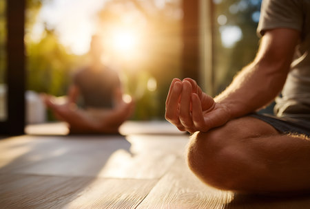 Two individuals finding inner peace during a yoga session, creating a calm and spiritual atmosphere. Sunlight filters through the windowの素材