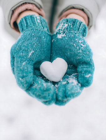 Hands wearing teal mittens holding a small white snow heart, symbolizing love and warmth in a cold winter seasonの素材