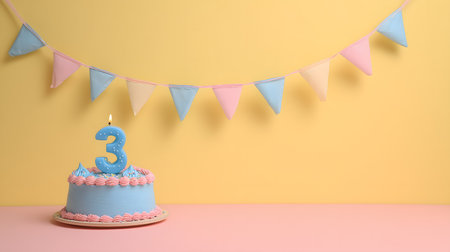 Third birthday cake with number 3 candle on pink table, cake bunting and sprinkles for children's party invitation or greeting cardの素材