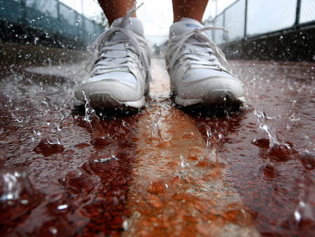 Person walking in sneakers splashes water on a wet surface, showing rain and movement concept. Good for exercise or weather themesの素材