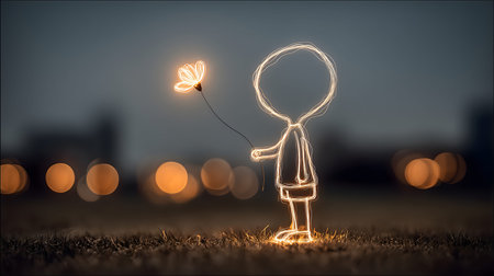 Light drawing of a child holding a luminous flower in a field at dusk, with blurred city lights in the backgroundの素材