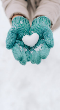 Hands in teal knitted gloves holding a white snow heart, symbolizing love, care, and a warm winter feelingの素材