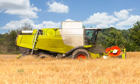 german havester works on a corn field