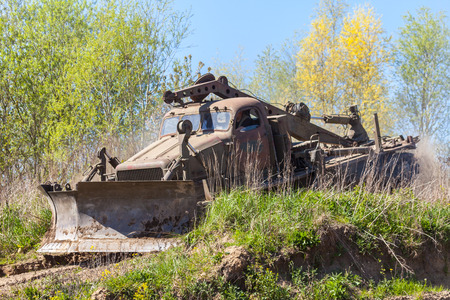 GRIMMEN/ GERMANY - MAY 1: soviet BAT - M military bulldozer drives on track on a motortechnic festival on may 1, 2016 in grimmen / Germany.のeditorial素材