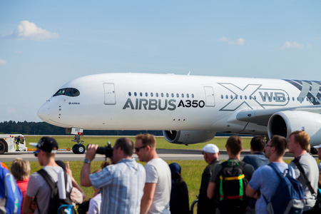 BERLIN / GERMANY - JUNE 3,2016: Airbus A 350 - 900 XWB plane during the ILA in Berlin / Germany on June 3, 2016.のeditorial素材