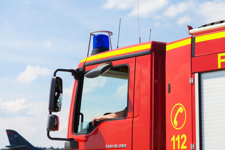 BERLIN / GERMANY - JUNE 4, 2016: german fire service truck stands on airport in schoenefeld, berlin...