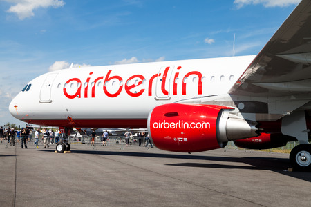 BERLIN / GERMANY - JUNE 3, 2016: Airbus A 321-211 from air berlin stands on airport in schoenefeld, berlin / germany at june 3, 2016.のeditorial素材