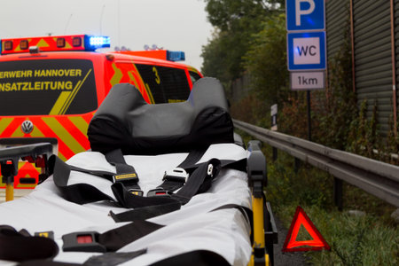 HANNOVER / GERMANY - OCTOBER 25, 2016: Emergency stretcher stands with a  german firefighting truck...