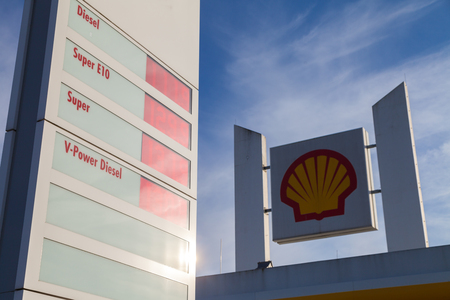BURG / GERMANY - NOVEMBER 13, 2016: Shell gas station sign. Shell is an Anglo-Dutch multinational oil and gas company headquartered in the Netherlands and incorporated in the United Kingdom.のeditorial素材