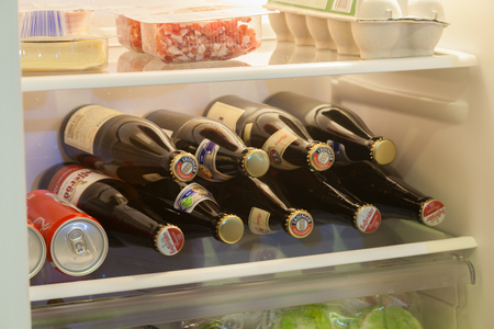 BURG / GERMANY - JANUARY 2, 2017: diverse beer bottles lies in a fridgeのeditorial素材