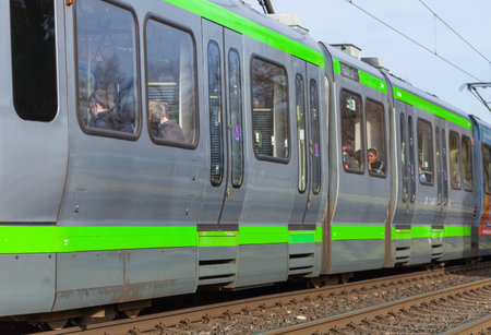 HANNOVER / GERMANY - MARCH 12, 2017: german tram from UESTRA drives to the next stop. UESTRA is the...