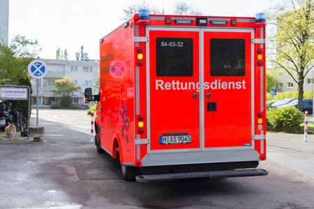 HANNOVER / GERMANY - APRIL 25, 2017: german ambulance stands on streetのeditorial素材
