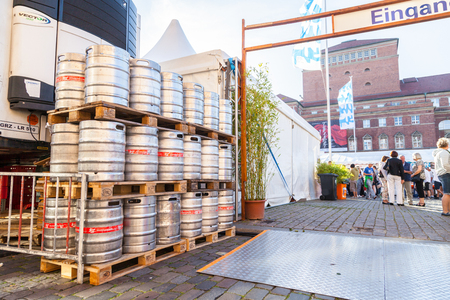 KIEL / GERMANY - JUNE 20, 2017: beer barrels stands on the public event Kieler Woche.のeditorial素材