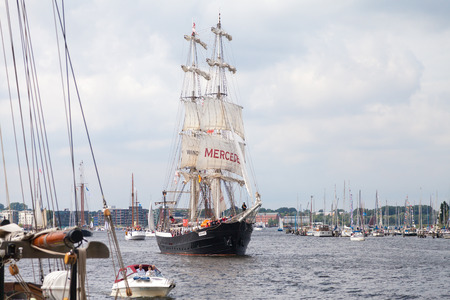 Warnemuende  / Germany - August 12, 2017: sailing ship mercedes at public event hanse sail in warnemuende, germany.のeditorial素材