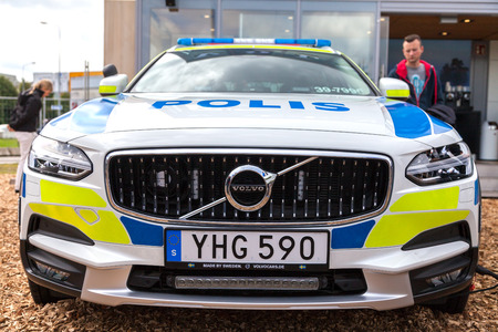 ROSTOCK  / GERMANY - AUGUST 12, 2017: swedish police car from volvo stands on a public event, hanse sail in rostock.のeditorial素材