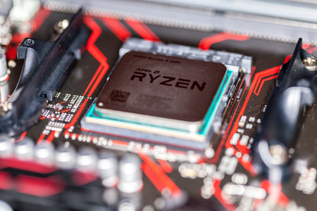 HANNOVER / GERMANY - OCTOBER 12, 2017: AMD Ryzen processor chip on an Asus prime 350 plus mainboard.