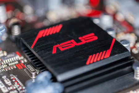 HANNOVER / GERMANY - OCTOBER 12, 2017:Asus heatsink on an asus prime 350 plus mainboardのeditorial素材
