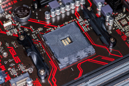 HANNOVER / GERMANY - OCTOBER 12, 2017: computer base plate for the central processing unit on Asus Prime 350 Plus mainboardのeditorial素材
