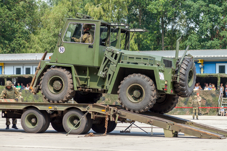 BURG / GERMANY - JUNE 25, 2016: german military forklift FUG 2,5 on a trailer at open day in barrack burgのeditorial素材