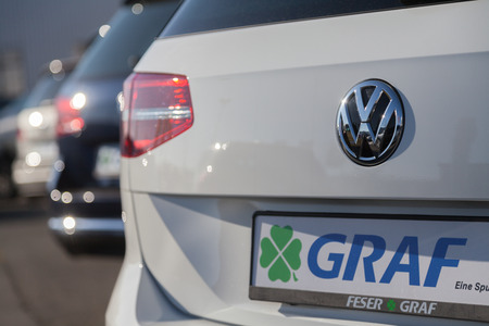 FUERTH / GERMANY - FEBRUARY 25, 2018: Volkswagen on a vw car. Volkswagen is a German automaker founded on 28 May 1937 and headquartered in Wolfsburg.のeditorial素材
